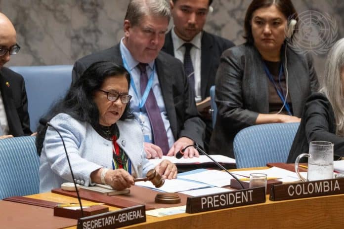 Leonor Zalabata Torres, représentante permanente de la Colombie auprès des Nations unies et présidente du Conseil de sécurité pour le mois de juin, préside la réunion du Conseil de sécurité consacrée aux opérations de maintien de la paix des Nations unies. Crédit photo : UN Photo/Eskinder Debebe